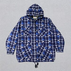 Vintage Weeds Hooded Flannel Shirt Jacket Quilted Lined Blue Plaid Unisex L